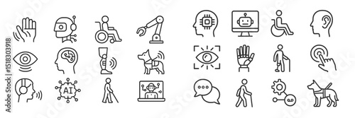 Collection of line icons illustrating assistive technology including robotics, AI, and accessibility concepts in modern design