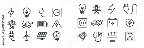Electricity icons representing energy sources and devices in a modern and minimalist layout in black and white
