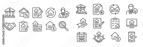Icons illustrating various aspects of real estate transactions and financial activities related to property management