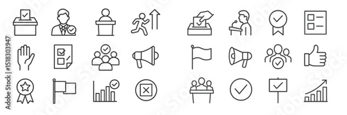 Icons representing democratic processes including voting, discussions, and decision making in various contexts