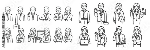 Multiple business professionals engaged in various activities in a corporate setting during daytime