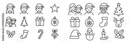 Festive holiday icons featuring various characters, decorations, and symbols for cheerful celebrations