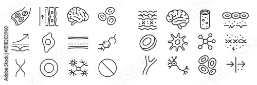 Illustration of various biological and medical symbols depicting cells, organs, and molecular structures for educational purposes