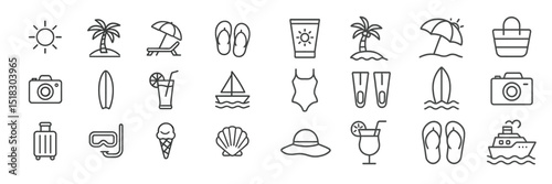 Summer vacation icons featuring sun, beach activities, and essential gear for a delightful seaside getaway