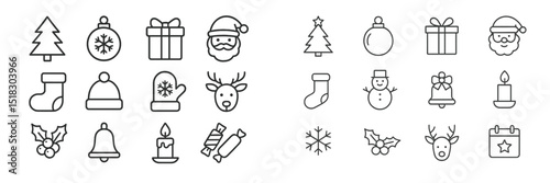 Collection of simple holiday line icons featuring trees, gifts, and festive characters for seasonal decoration or design