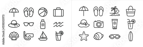 Summer beach icons featuring essentials for a fun seaside vacation with activities and playful elements