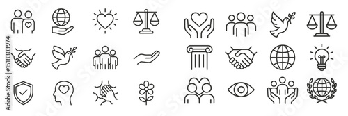 Various line icons representing themes of love, community, peace, balance, and protection, suitable for social initiatives or projects