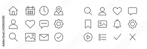 Collection of minimalist icons representing various digital activities and navigation elements for user interface design