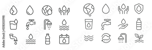 Infographic showcasing water-related icons representing conservation, usage, and sustainability efforts across various contexts