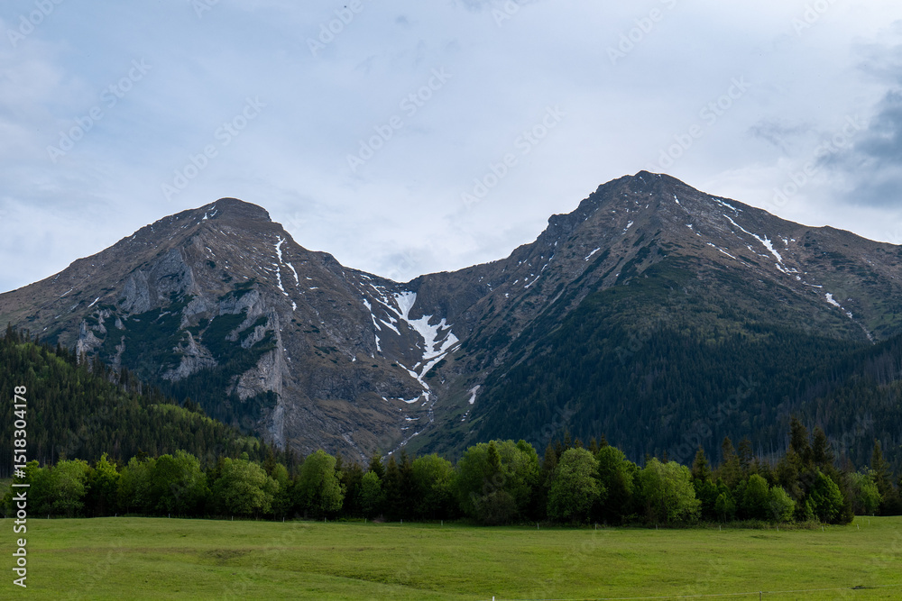 Fototapeta premium Panoramic view of the High Tatras above the village of Ždiar, Slovakia, with green meadows, forests, and ski lift structures under a clear spring sky.