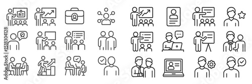 Collection of business and teamwork icons representing various workplace activities and interactions