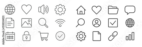 Collection of line icons representing various concepts and activities related to technology, communication, and daily tasks