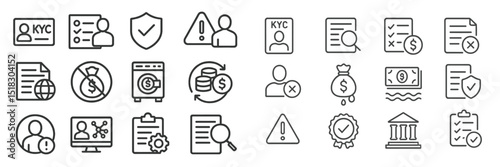 Collection of financial and regulatory compliance icons representing KYC, verification, and security processes in business operations