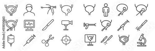 Medical icons illustrating various urology procedures and equipment in a clinical setting