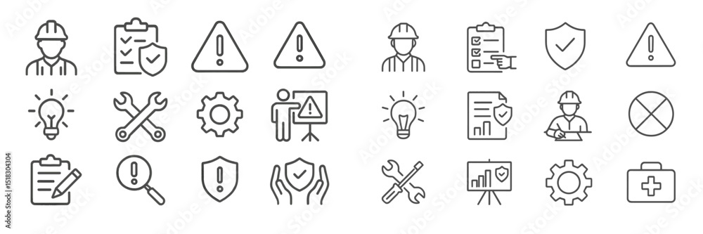 Safety symbols and icons representing workplace hazard identification and management in a construction environment