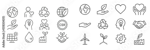 Collection of eco-friendly and sustainable development icons representing various green initiatives and practices for environmental awareness