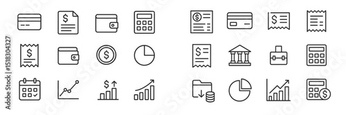 Collection of financial and accounting icons for budgeting and expense tracking in modern digital design