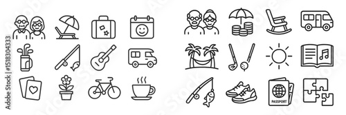 Travel and leisure icons representing diverse activities for vacation planning and enjoyment