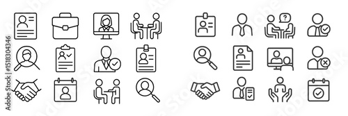Icons representing various aspects of human resources, recruitment, and employment processes in a modern office setting