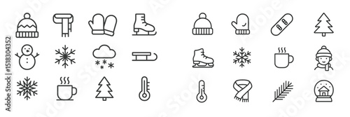 Winter icons featuring snowflakes, trees, and sports gear in a minimalistic design for seasonal projects