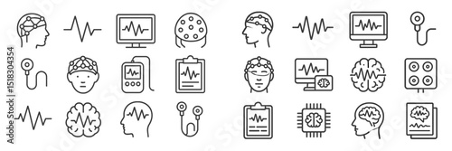 Illustrations of brain activity monitoring tools and technology used in neurology and cognitive research settings