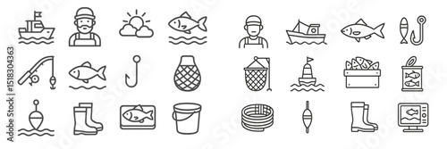 Fishing icons and symbols depicting various aspects of the fishing industry and hobby illustrated in a minimalist style