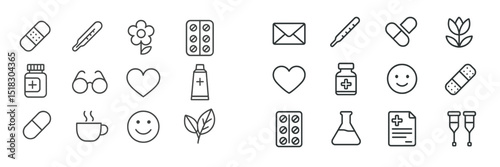 Health and wellness icons representing various medical and self-care elements in a minimalist style