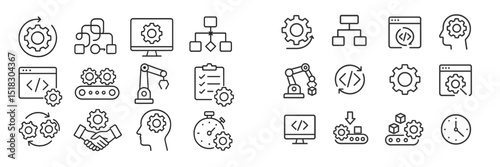Visual representation of automation concepts including gears, workflows, and technology in a minimalist style