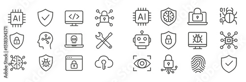 Focus on cybersecurity icons featuring various elements like AI, protection, and digital safety measures