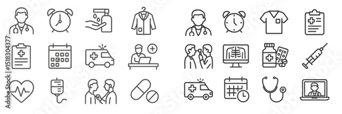 Healthcare icons representing various medical activities and professions in a clean and organized layout