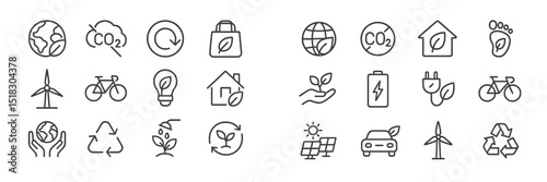 Environmental icons representing sustainability, renewable energy, and eco-friendly practices in a modern design