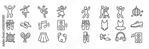 Icons representing various dance styles, activities, and musical elements in a playful and creative arrangement