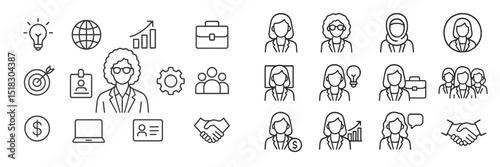 Business illustration with diverse professional icons representing teamwork, goals, and success in a modern workspace