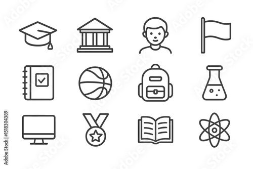 Educational symbols highlighting school activities and subjects for students in a learning environment
