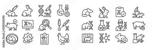 Illustration of various laboratory animals and equipment used in scientific research and experimentation