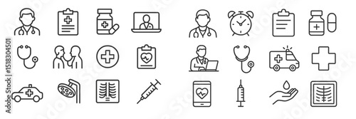 Medical icons depicting healthcare services, emergency response, and patient care in a modern digital setting