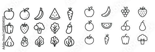 Various fruit and vegetable icons arranged in a neat grid layout on a light background, showcasing simple line art design