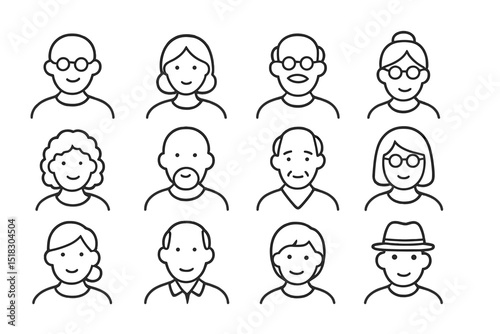 Diverse group of people with various hairstyles and ages presented in a grid format in black and white outline style