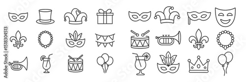 Masquerade elements featuring masks, music instruments, and festive decorations for celebrations