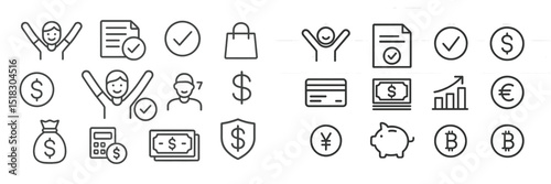 Icon collection depicting various financial concepts and activities relevant to commerce and investment strategies