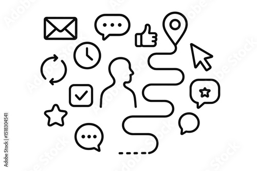 Infographic illustrating communication and navigation concepts with various symbols and icons