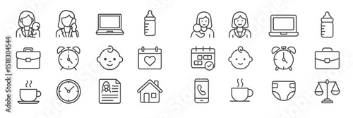 Icons depicting various aspects of daily life including parenting, work, and home responsibilities