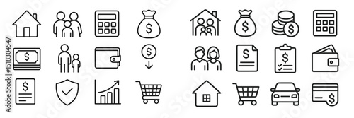 Financial planning icons for budgeting, saving, and spending at home and with family