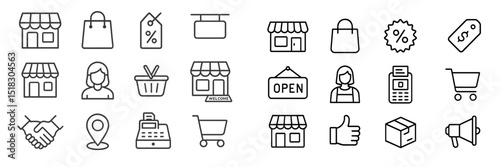 Icons representing shopping activities and retail elements for online and physical stores in a minimalist style