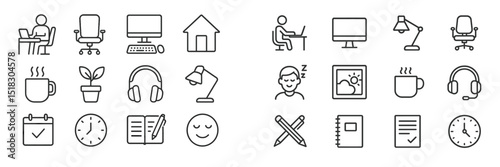 Icons representing various aspects of remote work and home office setup for productivity and leisure activities