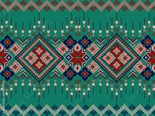 Pixel art ethnic, Pattern fabric pixel, design for background, clothing, decorative, drapery, cloth embroidery, geometric pixel art, handcraft, wallpaper, carpet, bag, card, cushions, Print, ethnic
