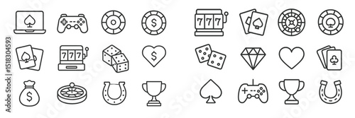 Icon set representing gambling and gaming activities including cards, dice, and gaming consoles in black and white outline style