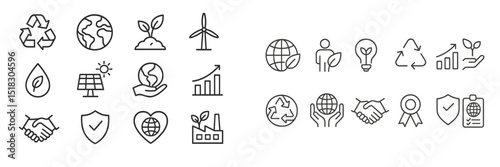 Symbols representing environmental sustainability and renewable energy technologies in a clean design