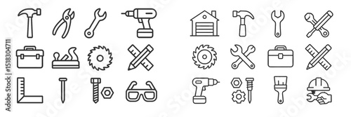 Collection of hand tools and construction symbols for DIY projects and home renovations in black and white design
