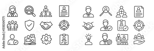 Collection of icons depicting various elements of human resources and recruitment processes in a minimalist style